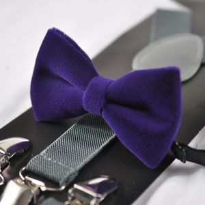 Violet Purple Blue Velvet Bow tie + GREY Gray Elastic Suspenders Braces for baby infant toddler / Boy Kids / Youth Teenage / Men Adult