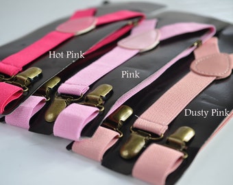 Hot Pink / Pink / Dusty Pink 25MM Elastic Y-Back Suspenders Braces Bronze Metal Clips for Men / Youth / Kids Boy /Toddler Baby Infant