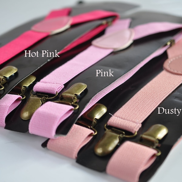 Hot Pink / Pink / Dusty Pink 25MM Elastic Y-Back Suspenders Braces Bronze Metal Clips for Men / Youth / Kids Boy /Toddler Baby Infant