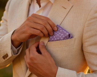Purple Floral Pocket Square | Lavender Hanky with Gold Metallic Accents | White Flower Men's Handkerchief | Groomsmen Gift Wedding Accessory