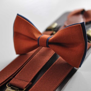 Navy Blue and Burnt Orange Linen Bow tie Bowtie + RUST Terracotta Suspenders Braces for Men / Youth Teenage/ Boys Kids / Baby Infant Toddler