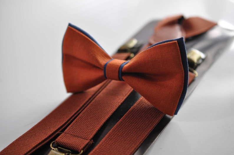 Navy Blue and Burnt Orange Linen Bow tie Bowtie RUST Terracotta Suspenders Braces for Men / Youth Teenage/ Boys Kids / Baby Infant Toddler Bow tie + Suspenders