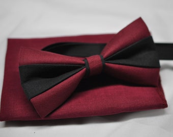 Burgundy Wine Red BLACK Bow tie Bowtie + matched pocket Square Hanky Handkerchief  Wedding for Men / Youth / Boys Kids / Baby Infant