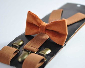 Rusty Rust BrownVelvet Bow tie + Tan Brown Elastic Suspenders Braces for Men / Youth / Boys Kids / Baby Infant Toddler