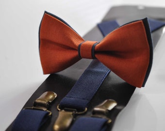 Navy Blue and Burnt Orange Linen Bow tie Bowtie + Navy Blue Suspenders Braces for Men / Youth Teenage/ Boys Kids / Baby Infant Toddler