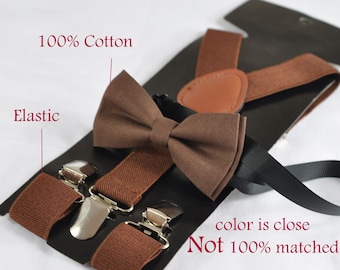 Brown Clip-on Braces Elastic Suspenders - 100% Cotton Brown Solid Bowtie Bow Ties Baby infant / Kids Boy Toddler / Adolescent de la jeunesse / Adultes