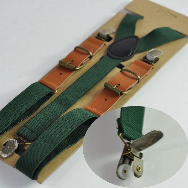 25mm Dark Emerald Green Bottle Green Elastic Tan Faux Leather Adjustabale Suspenders Braces for Men / Youth / Boy Kids / Infant Toddler Baby