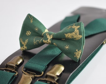 Xmas Christmas Elk Deer Green Cotton Bow tie +  Matched Elastic Suspenders Braces for Men / Youth Teenage/ Boys Kids / Baby Infant Toddler