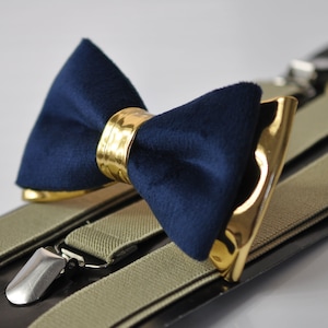 Cravate Navy Blue Velvet Gold Faux Leather Bow tie - Brown Beige Elastic Suspenders Braces for Men / Youth Teenage / Boy Kids / Baby Infant Toddler