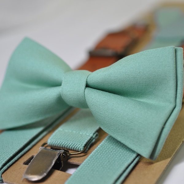 Sage Green Cotton Bow tie Bowtie + Matched Elastic Suspenders Braces for Men / Youth Teenage/ Boys Kids / Baby Infant Toddler