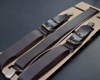 Men Adult 25mm Wide Y-back Dark Brown Faux Leather Adjustable Design Suspenders Braces Bronze Quality Clips