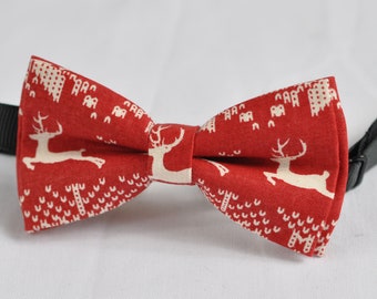 Xmas Christmas Elk Deer Red 100% Cotton Pretied Bow Tie for Men Adult / Youth Teenage / Boy Kids / Baby Infant Toddler