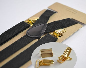 Black 25MM Elastic Y-Back Suspenders Braces Gold Golden Metal Clips for Men Adult / Youth  / Kids Boy /Toddler Baby Infant