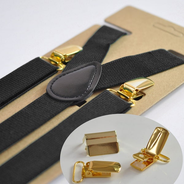 Black 25MM Elastic Y-Back Suspenders Braces Gold Golden Metal Clips for Men Adult / Youth  / Kids Boy /Toddler Baby Infant