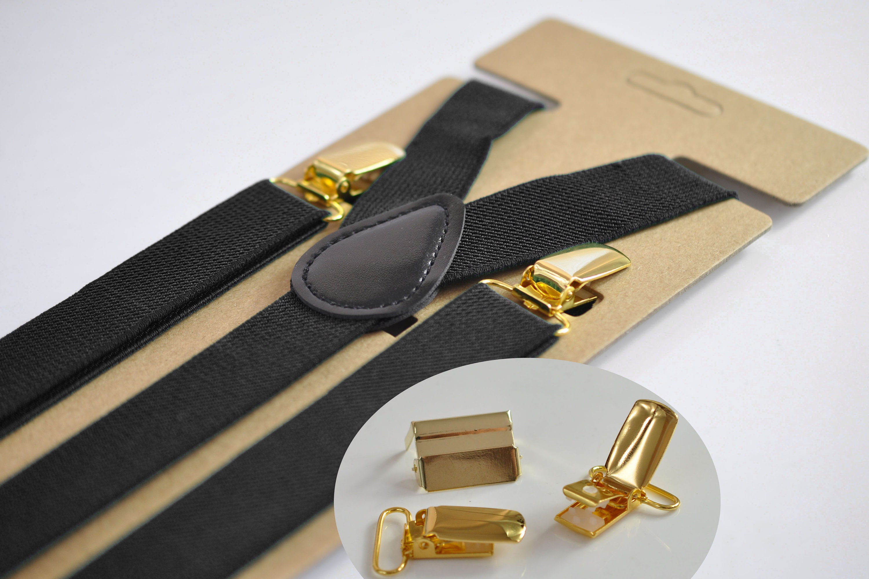 Black 25MM Elastic Y-Back Suspenders Braces Gold Golden Metal Clips for Men Adult / Youth  / Kids Boy /Toddler Baby Infant