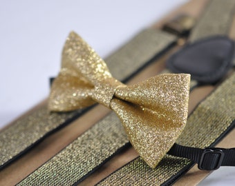 Gold Shining Faux Leather Bow tie Bowtie and matched Gold Black Elastic Suspenders Braces for Men / Youth / Boy Kids / Baby Infant Toddler