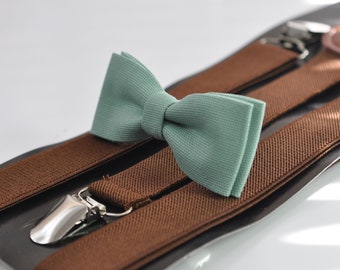 Sage Green Cotton Skinny Narrow Bow tie + Brown Elastic Suspenders Braces for Men Adult / Teenage Youth / Boy Kids / Baby Infant Toddler