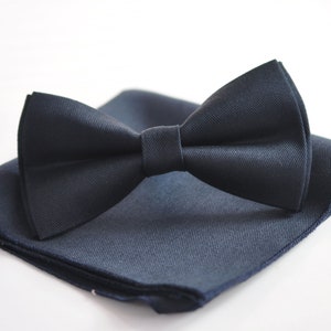 Dark Navy blue Cotton Handmade Bow Tie Bowtie matched pocket Square Hanky Handkerchief For Men / Youth  / Boy Kids / Baby toddler