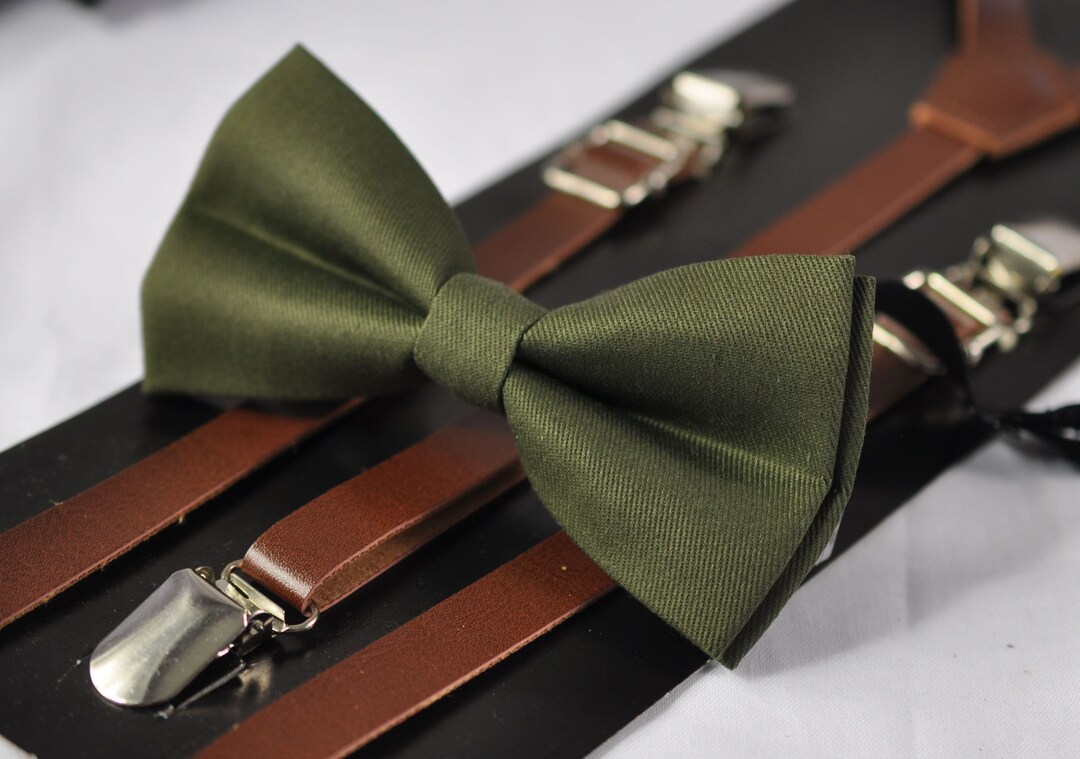 Tree Bow Hanger Hunter Green Cotton Bow Tie & Suspenders Set - Clip-On, Handmade In Australia (All Ages) Mens Button Suspenders Braces - Foto 9