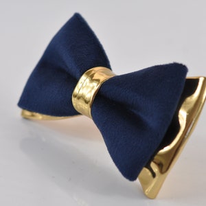 Navy Blue Velvet + Gold Golden Faux Leather 2 Layers Bow tie Bowtie for Men Adult / Youth Teenage / Boy Kids / Baby Infant Toddler