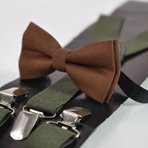 Toffee Brown Cotton Bow tie Bowtie + Army Green Elastic Suspenders Braces for Men Adult / Youth Teenage / Boy Kids / Baby Infant Toddler