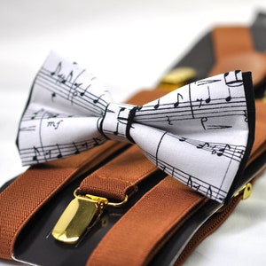 Black White Sheet Music Notes Bow tie Bowtie + Tan Brown Elastic Suspenders Braces for Men / Youth Teenage/ Boys Kids / Baby Infant Toddler