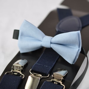 Boy Blue Light Blue Pale Blue Cotton Bow tie + Navy Blue Elastic Suspenders Braces for Baby infant / Boy Kids Toddler / Youth Teenage / Men