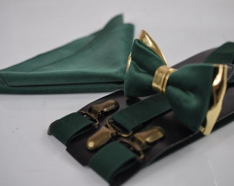 Emerald Green Velvet Gold Leather Bow tie +  Suspenders Braces + Pocket Square Hanky Handkerchief for Men / Youth / Boys Kids / Baby Infant