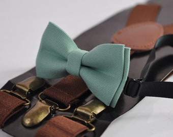 Sage Green Cotton Bow tie Bowtie + Brown Elastic Bretelles Accolades pour hommes / Jeunes Adolescents / Garçons Enfants / Bébé enfant en bas âge