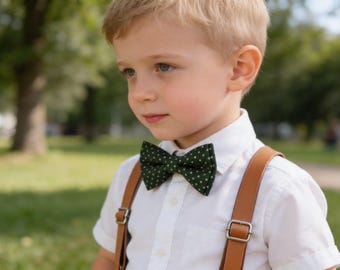 Green White Dots Spots Stripes Cotton Bow tie Bowtie + Brown Tan Faux Leather Suspenders for Baby infant / Page Boy Kids / Youth Teenage