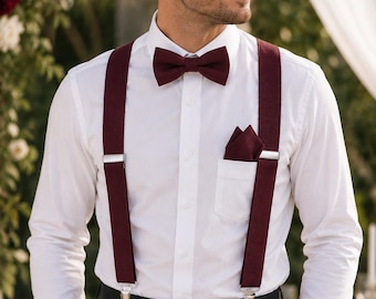 Burgundy Bow Tie Suspenders and Pocket Square Set, Groomsmen Wedding Accessories, Burgundy Wedding Set, Groom Bow Tie and Braces