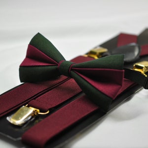 Army Green Olive and Wine Red Burgundy Bow tie Bowtie + Wine Red Suspenders Braces for Men / Youth/ Boys Kids / Baby Infant Toddler