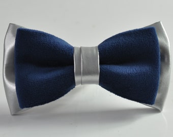 Navy Blue Velvet + Silver Grey Gray Faux Leather 2 Layers Bow tie Bowtie for Men Adult / Youth Teenage / Boy Kids / Baby Infant Toddler