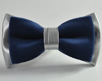 Navy Blue Velvet + Silver Grey Gray Faux Leather 2 Layers Bow tie Bowtie for Men Adult / Youth Teenage / Boy Kids / Baby Infant Toddler