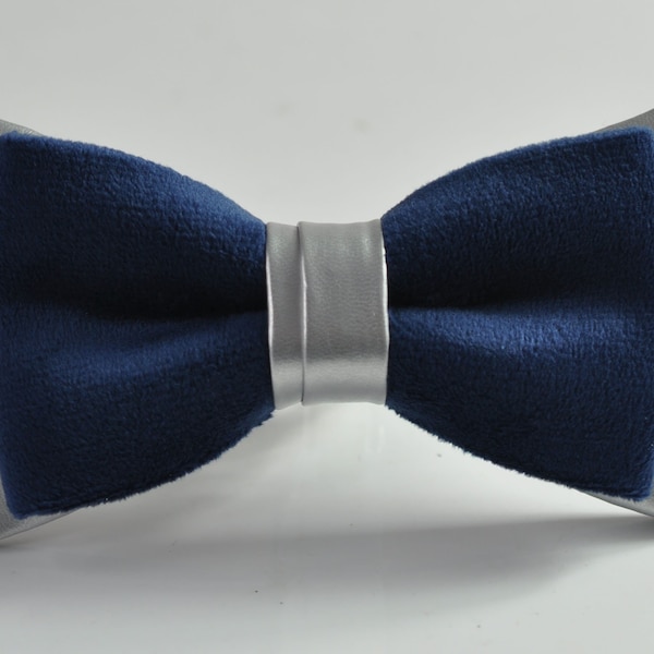 Navy Blue Velvet + Silver Grey Gray Faux Leather 2 Layers Bow tie Bowtie for Men Adult / Youth Teenage / Boy Kids / Baby Infant Toddler