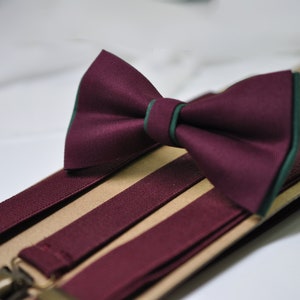 Emerald Green and Burgundy Dark Wine Red Bow tie Bowtie + Wine Red Suspenders Braces Men / Youth / Boys Kids / Baby Infant Toddler