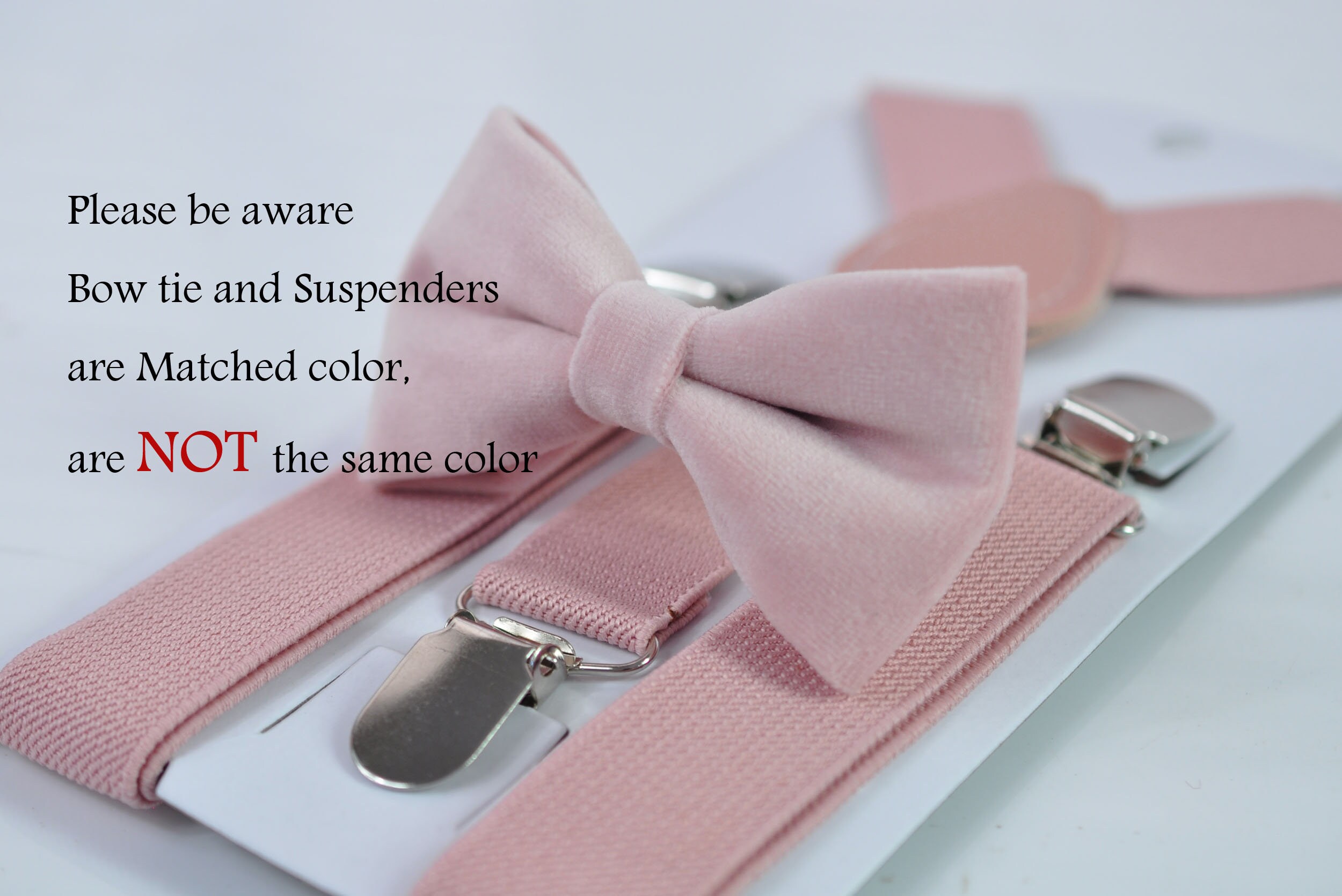 Nœud Papillon Velours Rose Poussiéreux + Bretelles élastiques Gris Clair - Fait Main En Australie