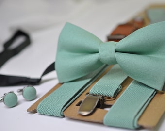 Sage Green Cotton Bow tie Bowtie + Elastic Suspenders Braces + Cufflinks Cuff links for Men / Youth Teenage/ Boys Kids / Baby Infant Toddler