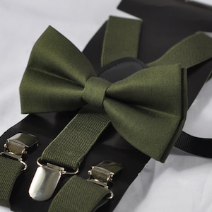 Olive Green Army Green Cotton Bow tie + Matched Elastic Braces Suspenders for Men Adult / Youth Teenage / Boy Kids / Baby Infant Toddler