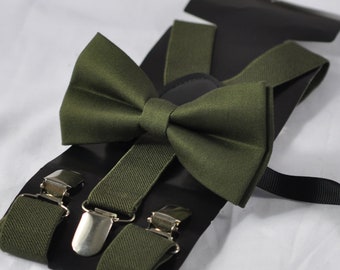 Papillon in cotone verde oliva verde militare + bretelle elastiche abbinate per uomo adulto/adolescente/ragazzo bambino/bambino neonato