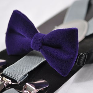 Violet Purple Blue Velvet Bow tie + Light Grey Gray Elastic Suspenders Braces for baby infant toddler / Boy Kids / Youth Teenage / Men Adult