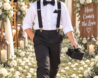 Black Ring Bearer Outfit, Bow Tie and Suspenders for Boys Kids Wedding Bow Tie, Flower Boy Suspenders, Groomsmen Wedding Accessories