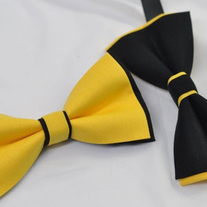 May include: Two bow ties, one yellow with black trim and one black with yellow trim.