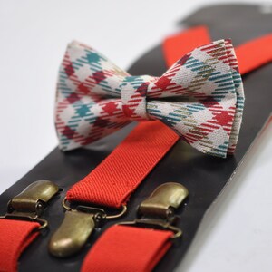 Red Blue Cream Tartan Christmas Xmas Bow tie Bowtie + Red Elastic Suspenders Braces for Men / Youth/ Boys Kids / Baby Infant Toddler