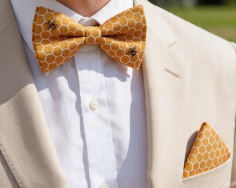 Yellow White Honeycomb Honey comb Bees Print Cotton Bow tie Bowtie for Baby Infant Toddler / Boy Kids / Youth Teenage / Men Adult