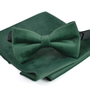 Emerald Green Dark Green Velvet Bow tie Bowtie + Pocket Square Hanky Handkerchief for Men / Youth Teenage / Boy Kids / Infant Toddler Baby