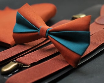 Burnt Orange and Teal Blue Bow tie Bowtie+ Rust Elastic Suspenders Braces + Pocket Squares for Men / Youth/ Boys Kids / Baby Infant Toddler