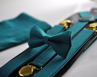 Turquoise Teal Blue Linen Bow tie + Elastic Suspenders Braces + Pocket Square Hanky Handkerchief for Men / Youth / Boys Kids / Baby Infant