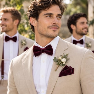 Fig Velvet Bow Tie for Men, Groom & Groomsmen Wedding Bow Tie, Pre-Tied Formal Bow Tie, Burgundy Plum Wedding Accessories