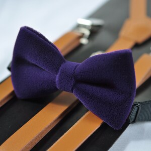 Violet Purple Blue Velvet Bow tie + Tan Brown Skinny Faux Leather Suspenders braces for Youth Teenage / Boy Kids / infant Toddler Baby